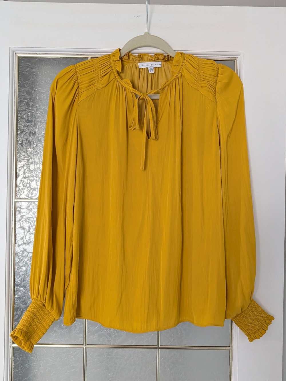 Maison D'Amelie Mustard Yellow Tie-Neck Long-Sleeve Blouse